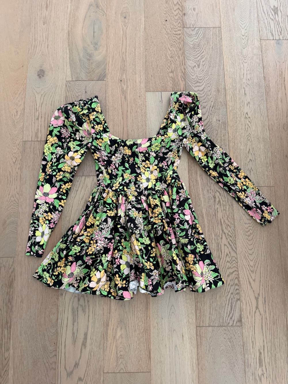 ASOS Black Floral Square-Neck Puff Sleeve Mini Dress with Pink & Green Blossoms - Picture 3 of 4